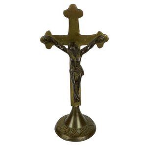Solid Brass Crucifix Jesus On Cross Religious Icon Tabletop Decor Ornate Base